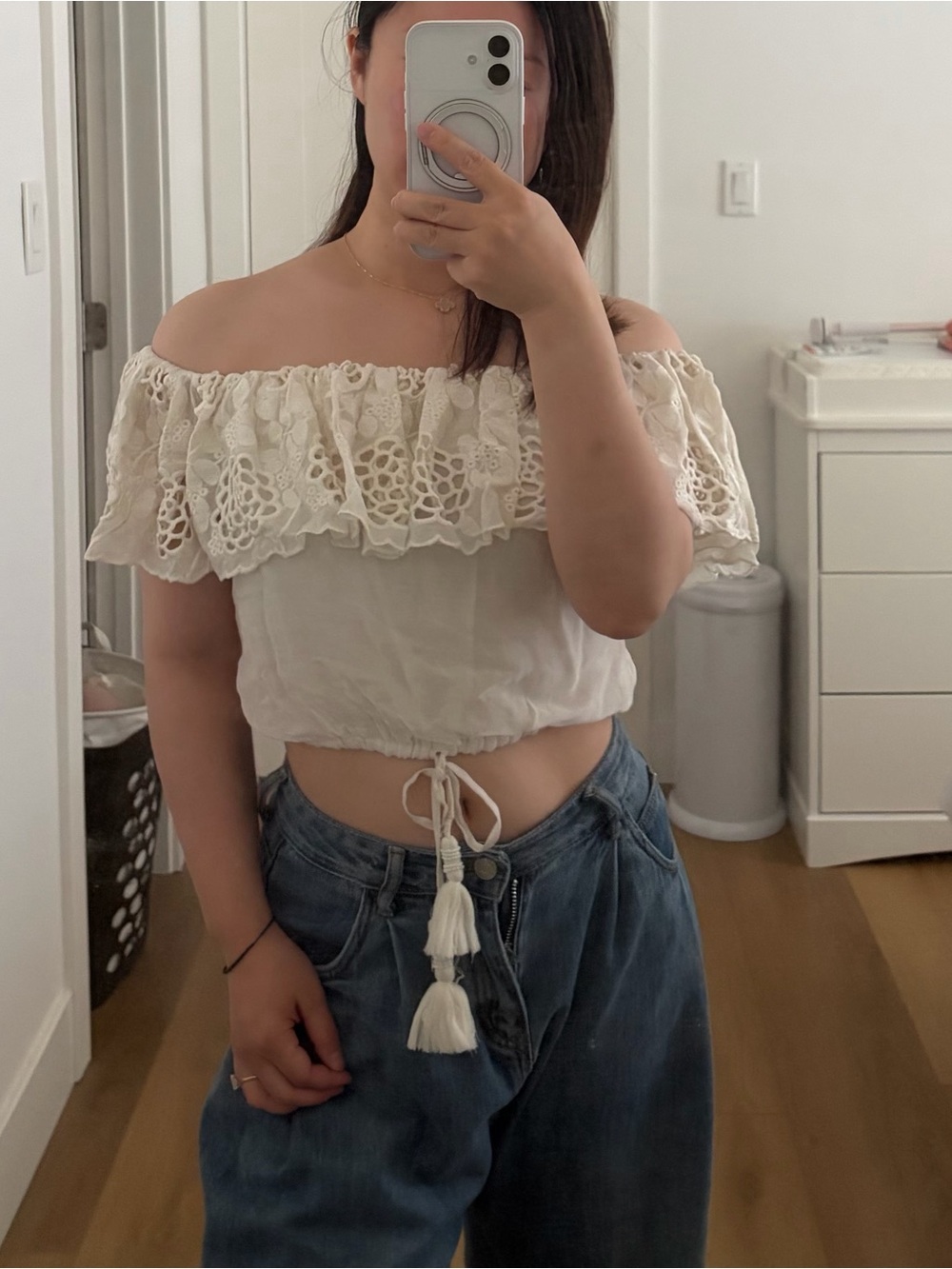 House of Harlow 1960 Off-Shoulder Crochet Ruffle Crop Blouse